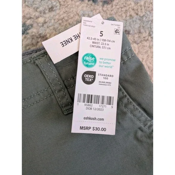 OshKosh Shorts Boys 5T Green Khaki Stretch Flat Front Casual Chino NWT 5 NEW - Picture 5 of 8